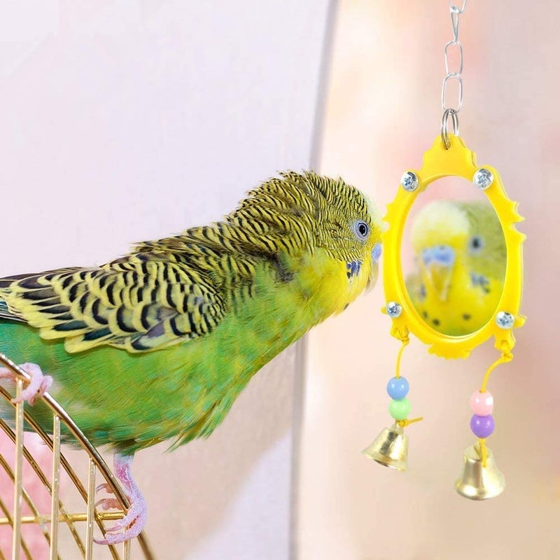 Bird Mirror Toy with Bell Swing Hanging Ringer Leather Mirror Toy Parrot Cage Accessories Decoration for Small and Medium Parakeet Cockatiel Finch Lovebird Conure Budgie Cockatoo African Grey (B)